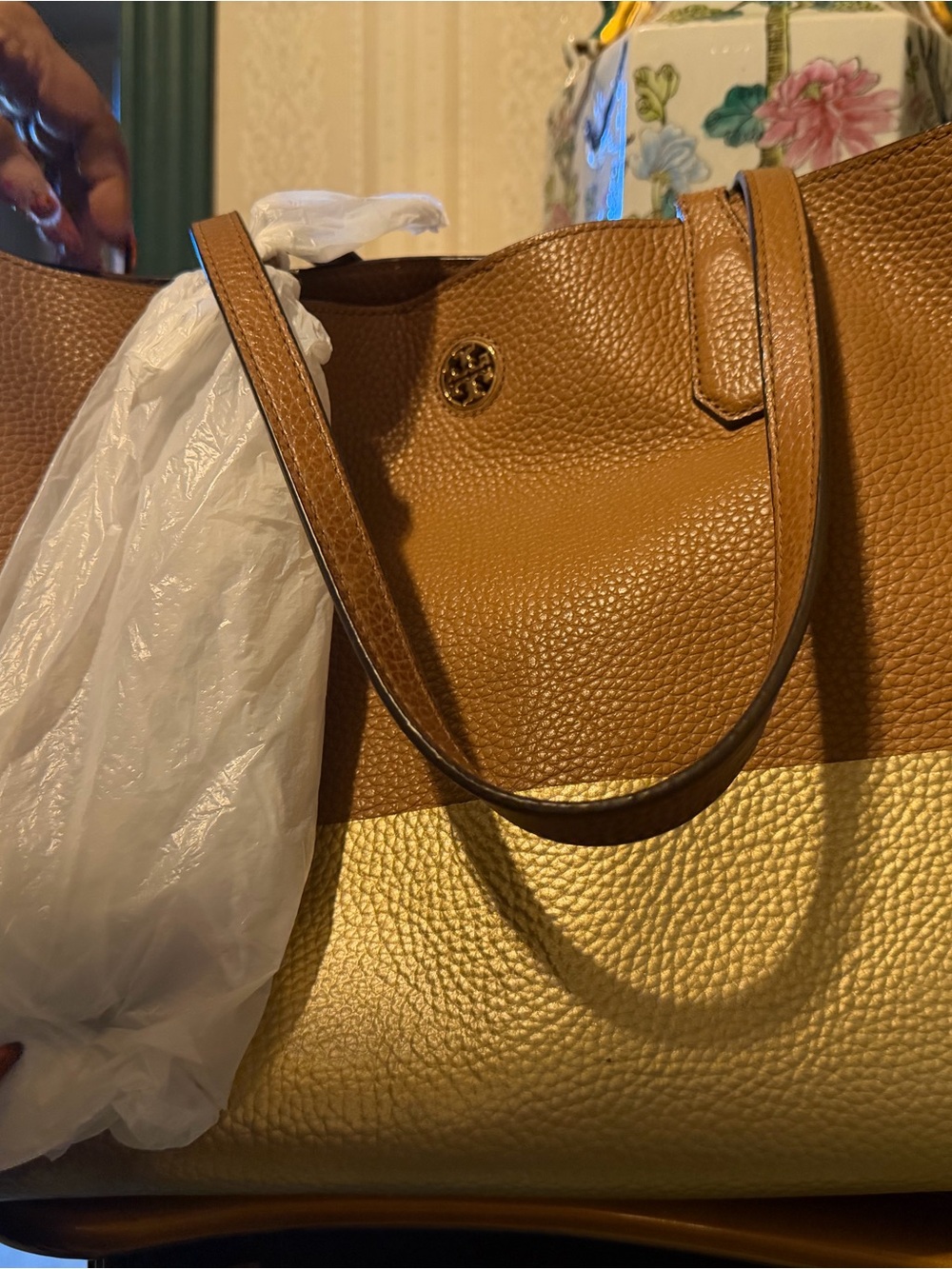 Tory Burch Two-Tone Pebbled Leather Tote in Brown and Gold